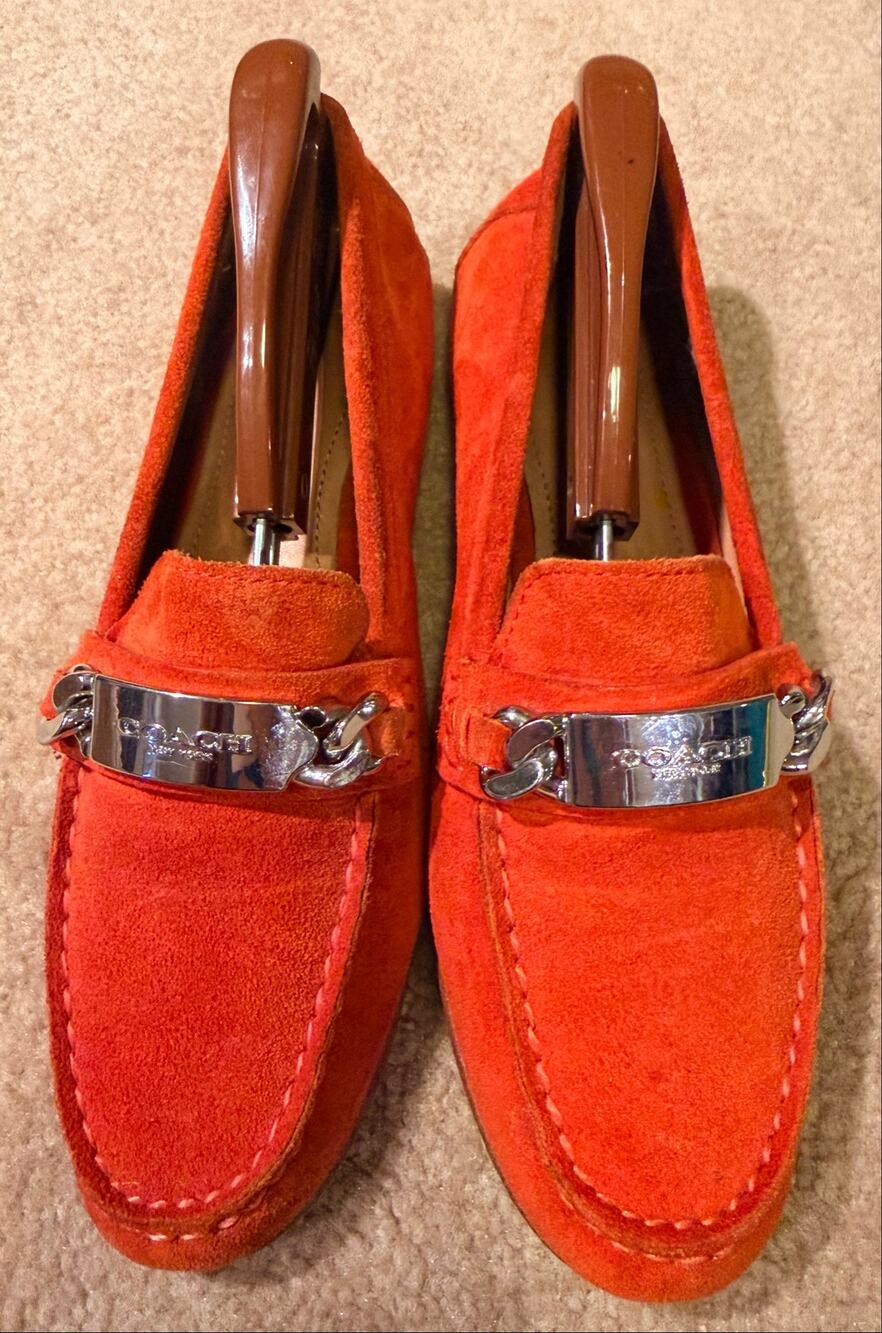 Coach Kimmie Orange Suede Chain Plate Slip On Loafers Flats Womens Size 5B